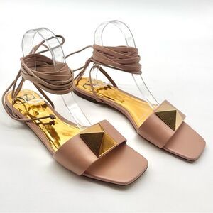 Valentino Garavani One Stud Gladiator Ankle Tie Wrap Flat Sandals Poudre EU 39.5